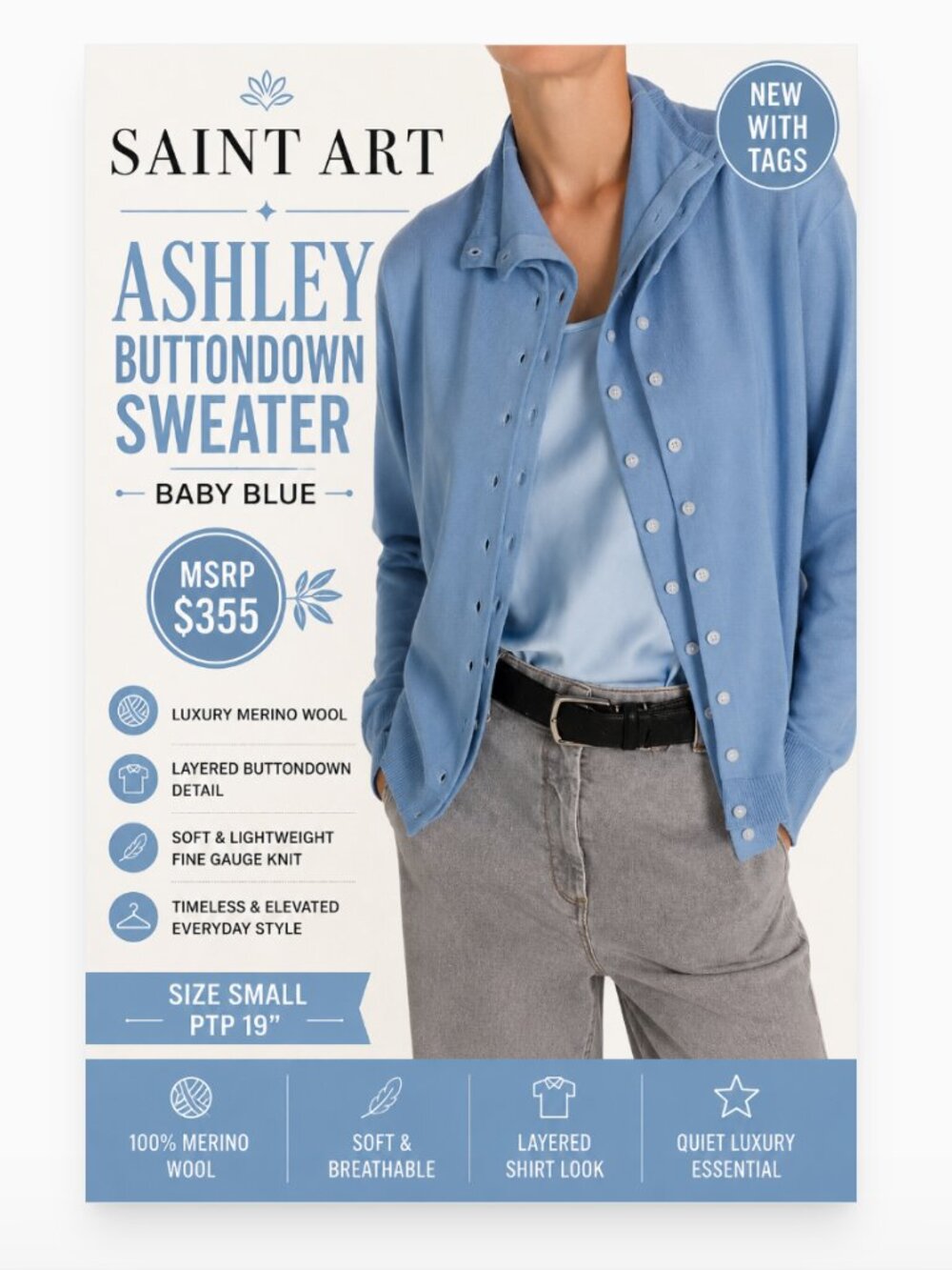 Saint Art Ashley Buttondown Sweater Baby Blue Small NWT Luxury Knit